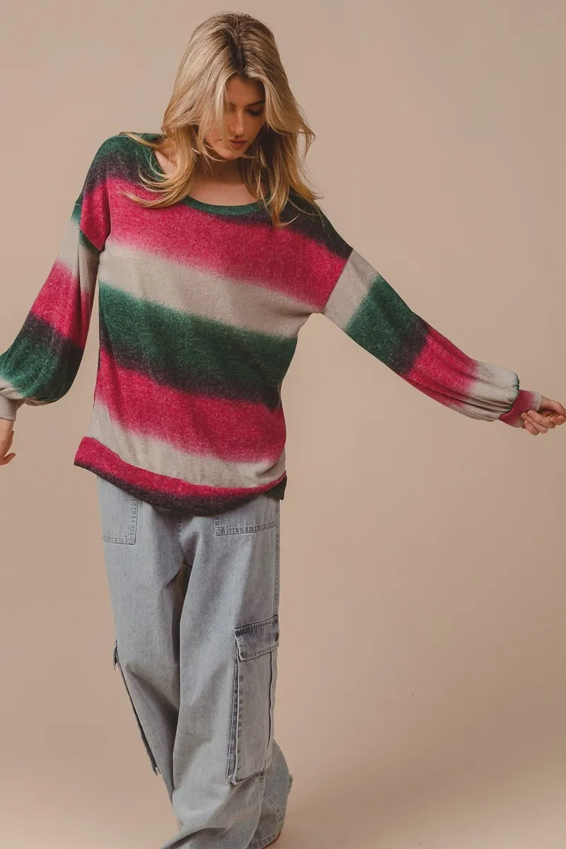 BiBi Striped Gradation Print Knit Top FUCHSIA HUNTER Trendsi