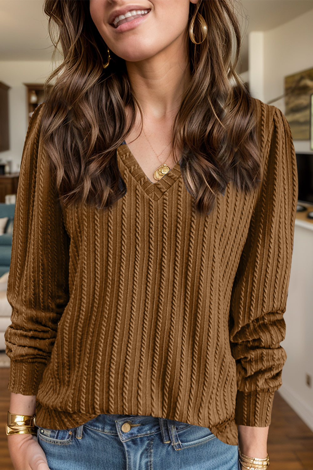 Outfit Flow - Textured V-Neck Long Sleeve T-Shirt