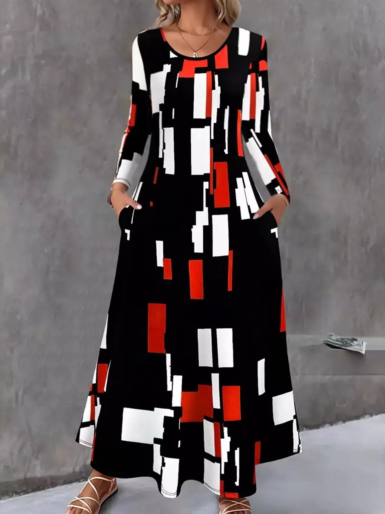 Geometric Print Long Sleeve Maxi Dress Black OutfitFlow