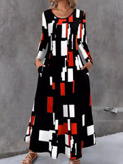 Geometric Print Long Sleeve Maxi Dress Black OutfitFlow