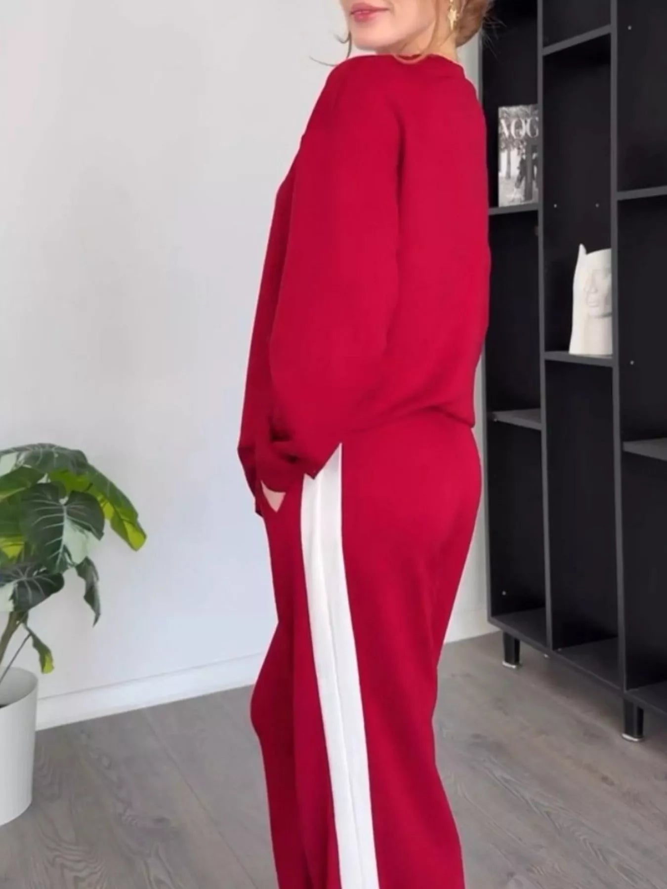 Full Size Contrast Round Neck Top and Pants Set Plus Size OutfitFlow