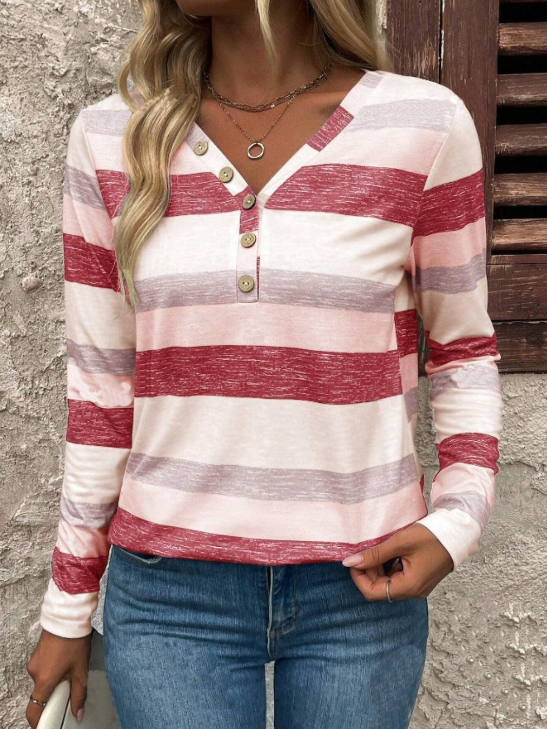 Outfit Flow - Contrast Striped V-Neck Long Sleeve T-Shirt