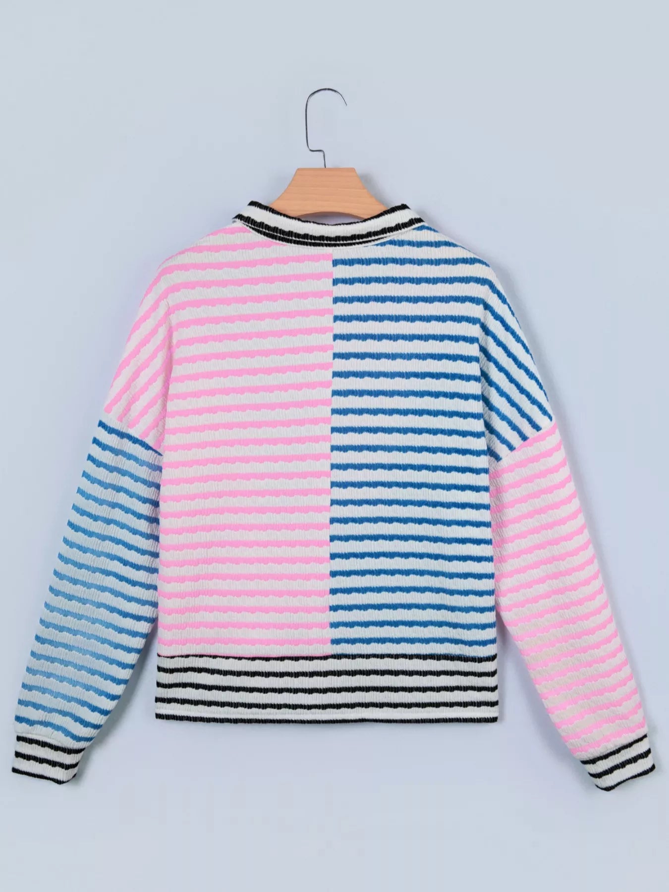 Striped Color Block Patchwork Half Zip Drop Shoulder Long Sleeve Top OutfitFlow
