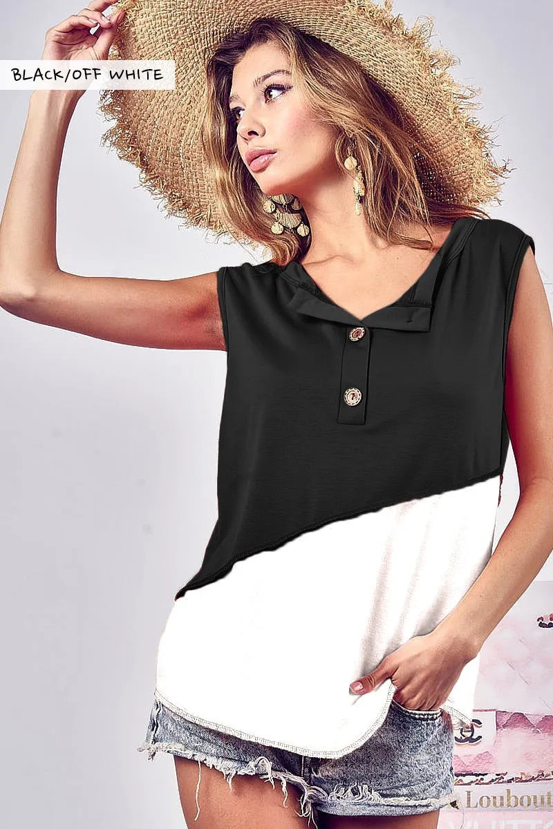 BiBi Color Block Contrast Stitching Buttoned Henley Top OutfitFlow