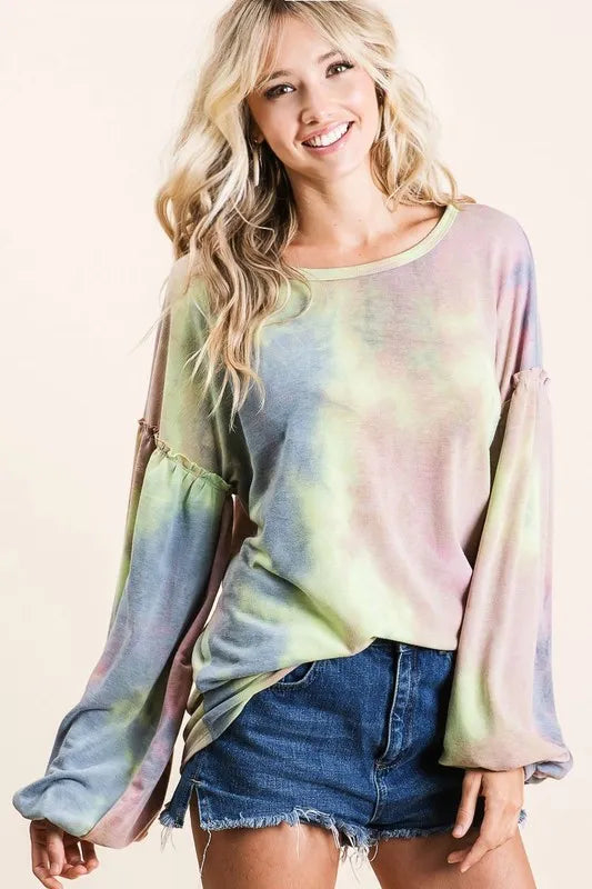 BiBi Tie Dye French Terry Sweatshirt With Bubble Sleeves MAUVE BLUE LIME Trendsi