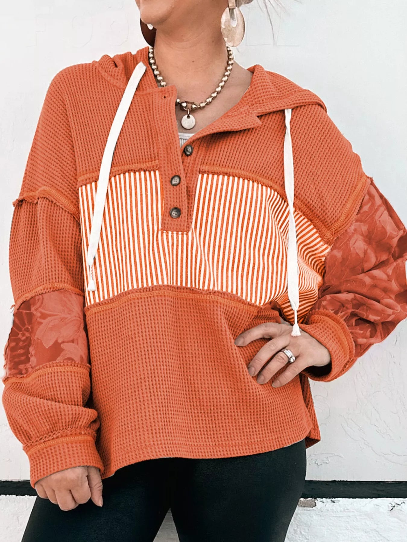 Waffle Knit Color Block Striped Drawstring Hoodie OutfitFlow