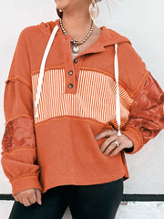 Waffle Knit Color Block Striped Drawstring Hoodie OutfitFlow