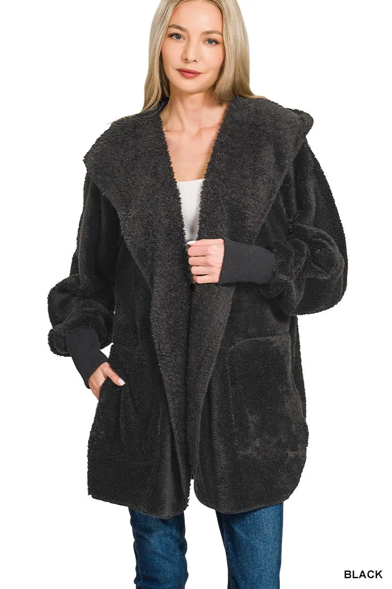 Zenana Hooded Faux Fur Jacket with Pockets Trendsi