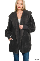 Zenana Hooded Faux Fur Jacket with Pockets Trendsi