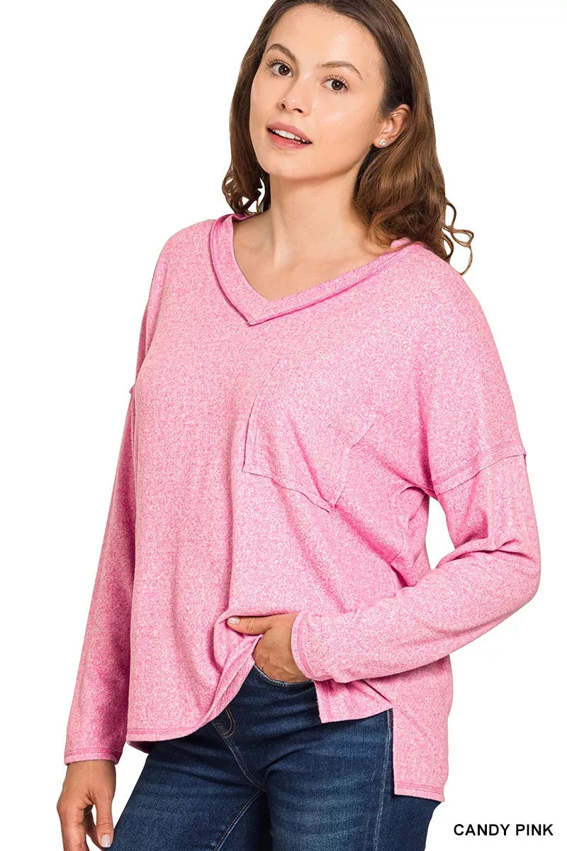 Zenana Soft Melange Hacci Exposed Seam Coin Pocket Tee CANDY PINK OutfitFlow
