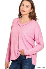 Zenana Soft Melange Hacci Exposed Seam Coin Pocket Tee CANDY PINK OutfitFlow