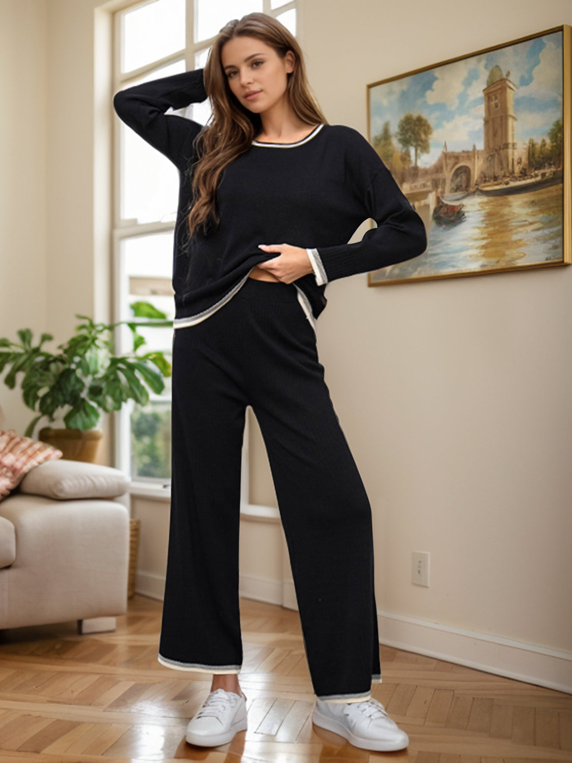 Outfit Flow - Contrast Trim Round Neck Top and Pants Sweater Set