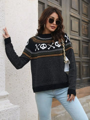 Skull Pattern Round Neck Sweater Black OutfitFlow