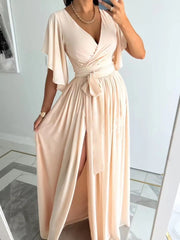 Flutter Sleeve Surplice Tie Waist Dress Khaki OutfitFlow