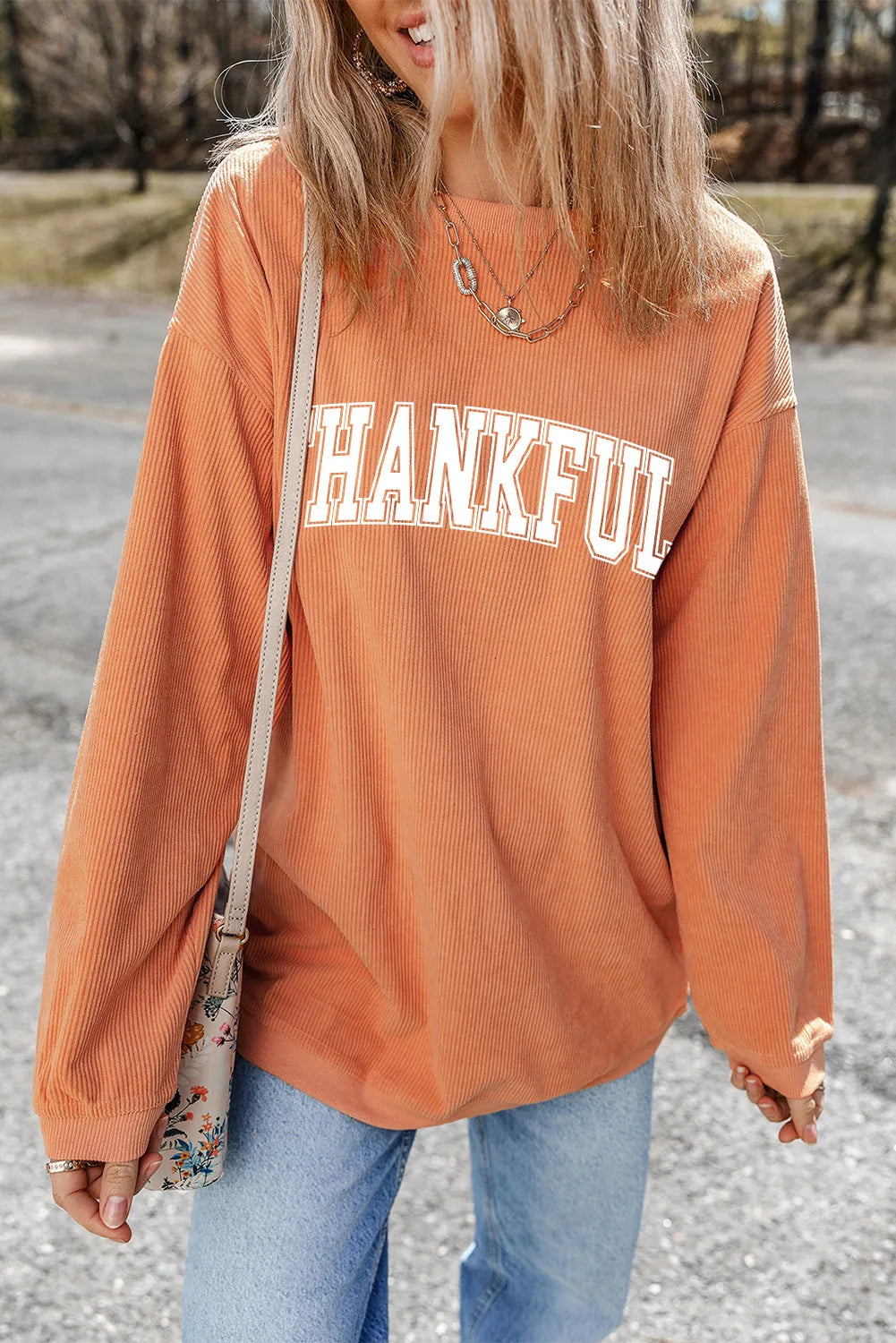 Outfit Flow - THANKFUL Round Neck Long Sleeve Sweatshirt