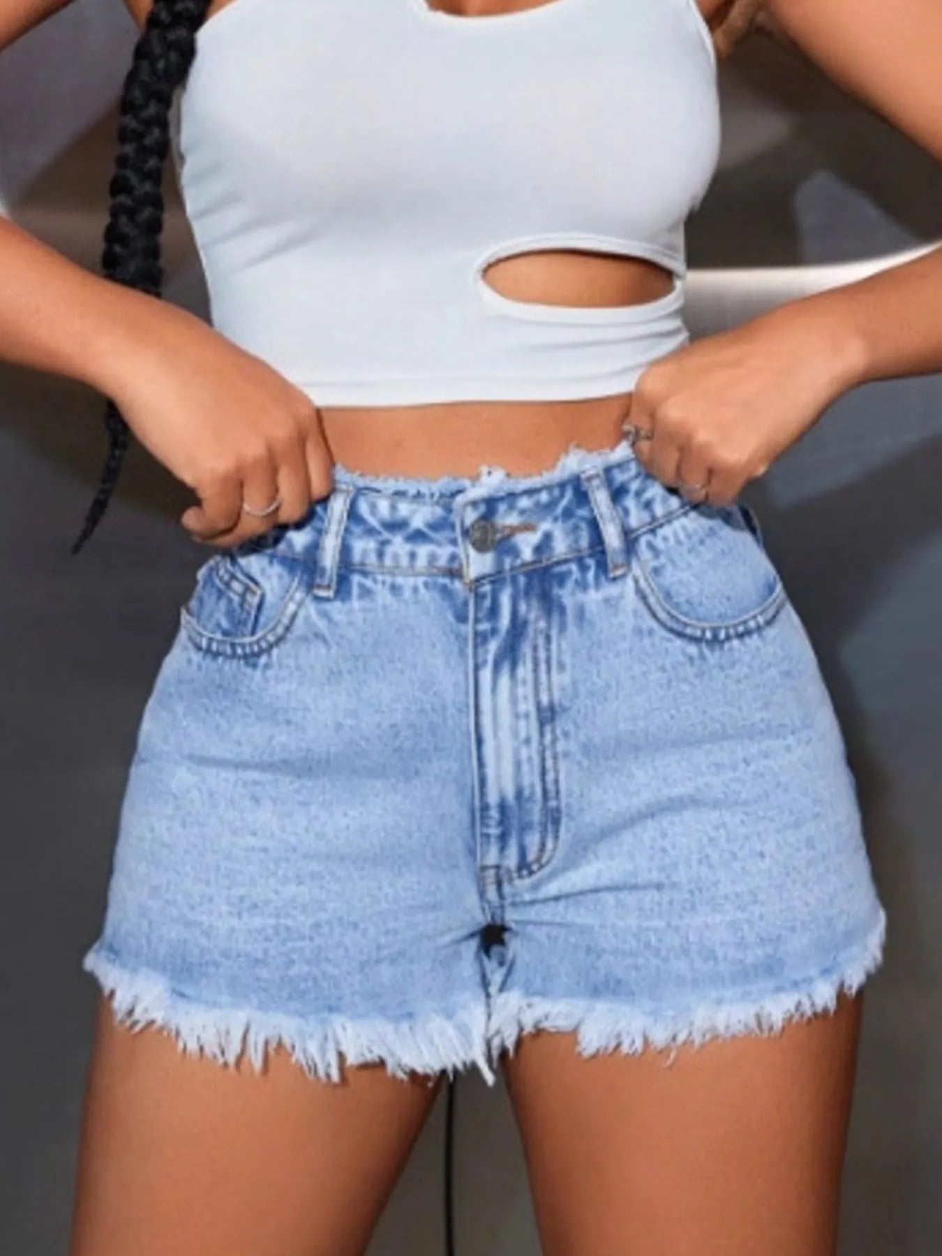 High Waisted Frayed Hem Denim Shorts OutfitFlow