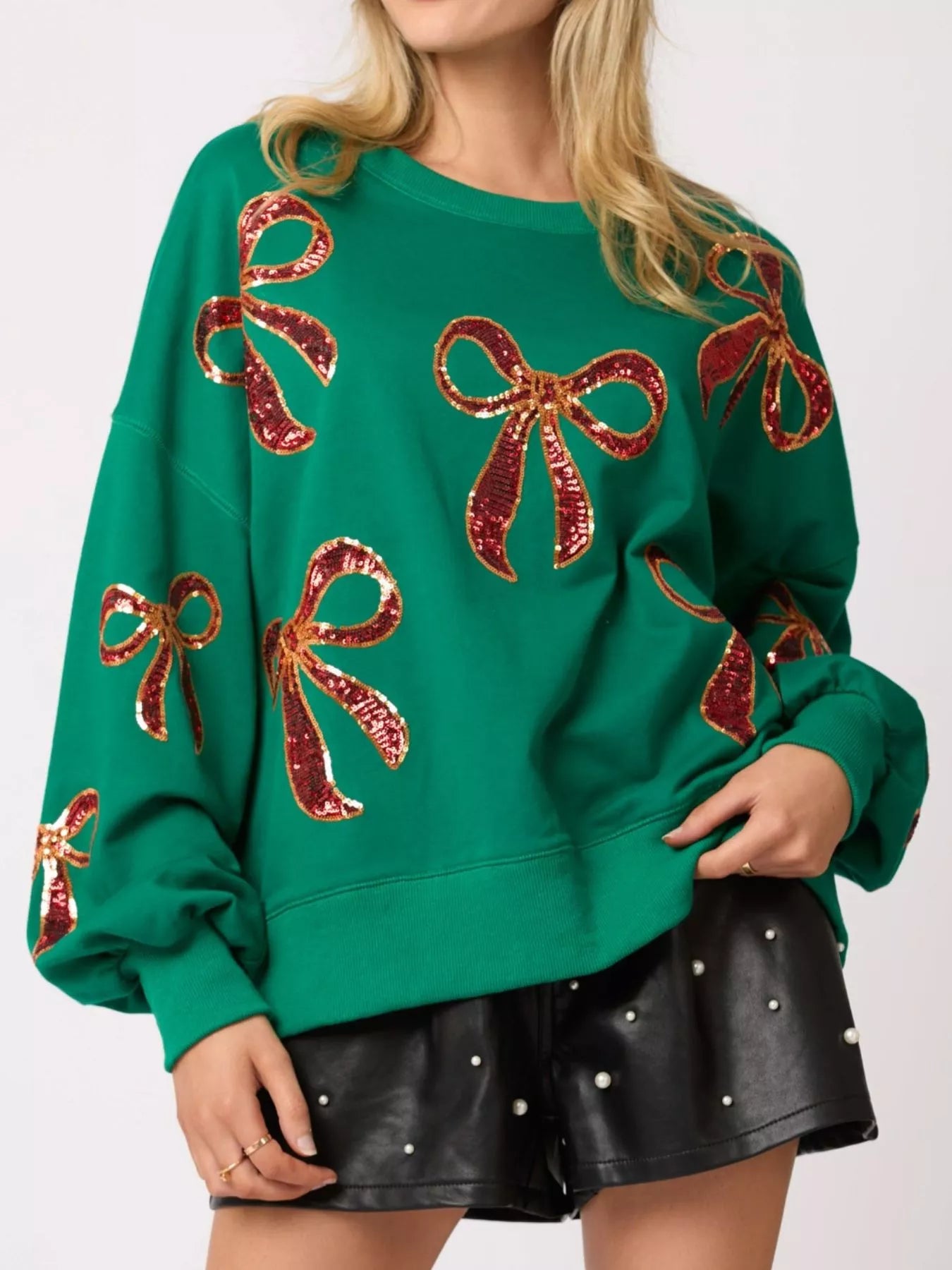 Christmas Sequin Bow Round Neck Sweatshirt OutfitFlow