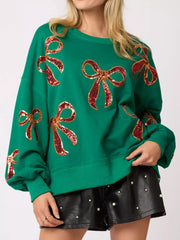 Christmas Sequin Bow Round Neck Sweatshirt OutfitFlow