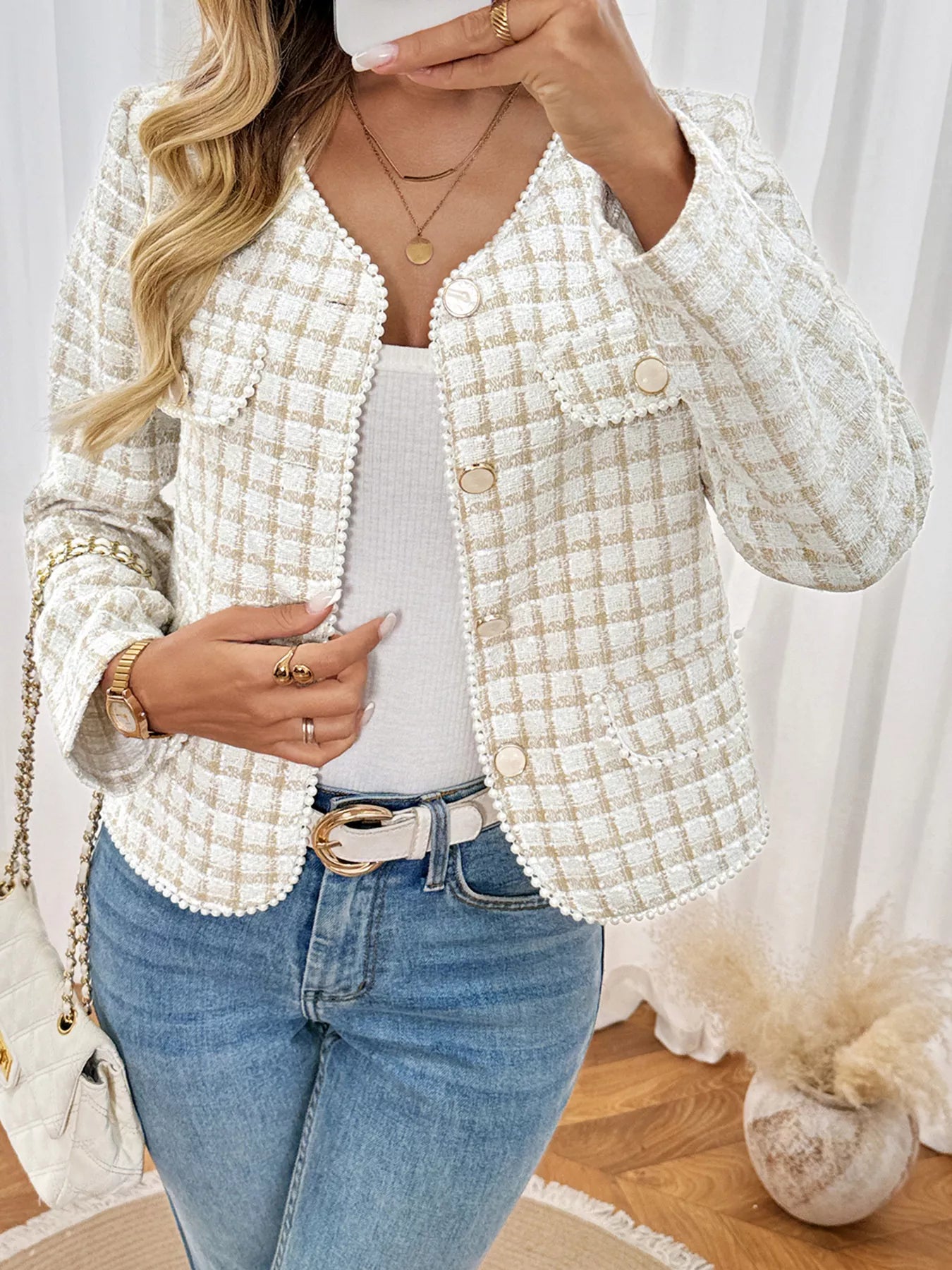 Plaid Button-Front Long Sleeve Outerwear Trendsi