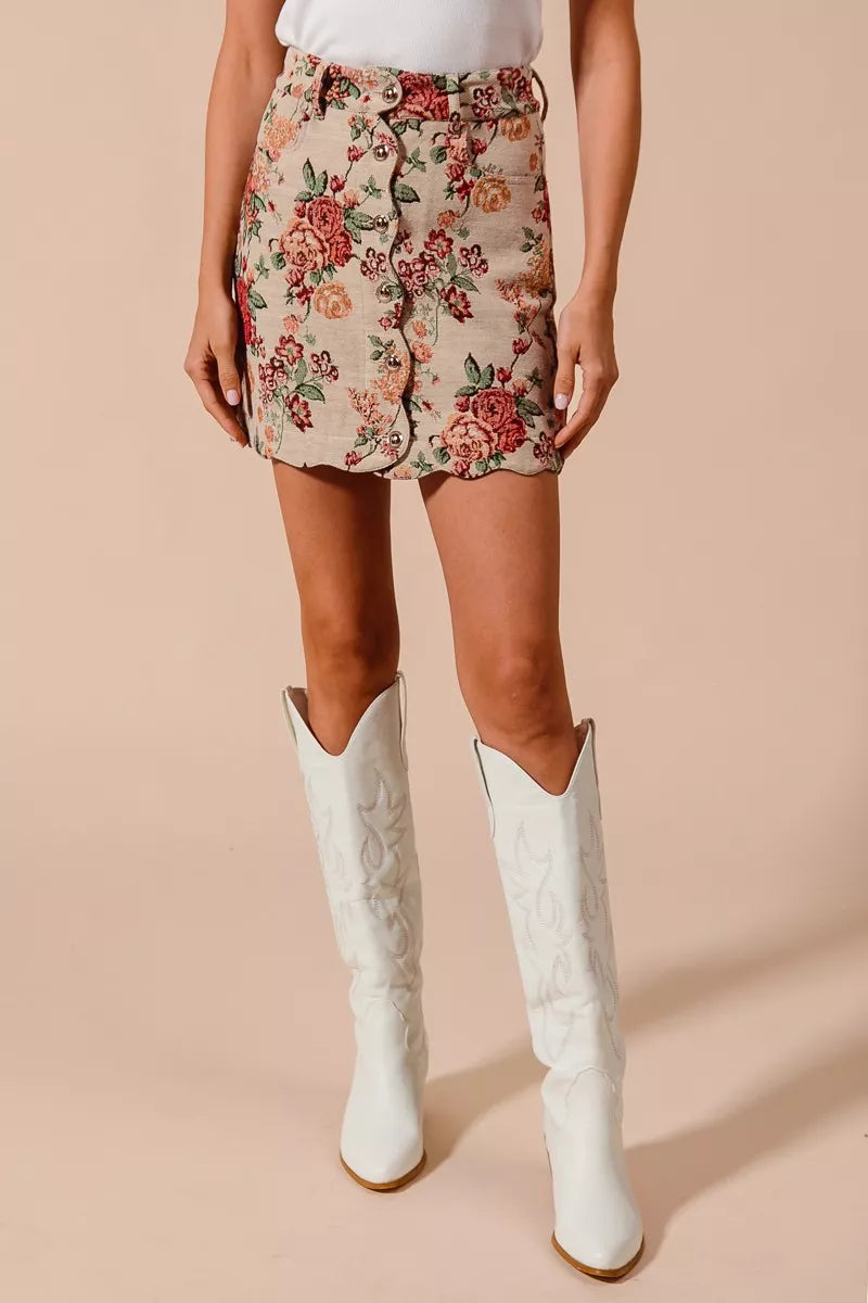 SO ME Floral Jacquard Button Front Mini Skirt with Scall Trendsi
