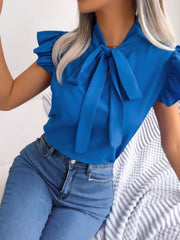Ruffled Tie Neck Cap Sleeve Blouse OutfitFlow