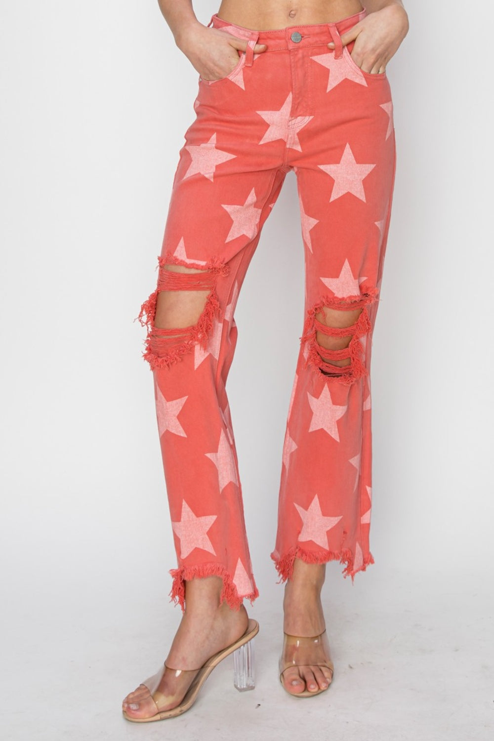 RISEN Full Size Distressed Raw Hem Star Pattern Jeans