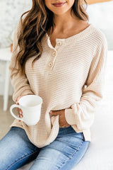 Outfit Flow - Slit Waffle Knit Long Sleeve T-Shirt