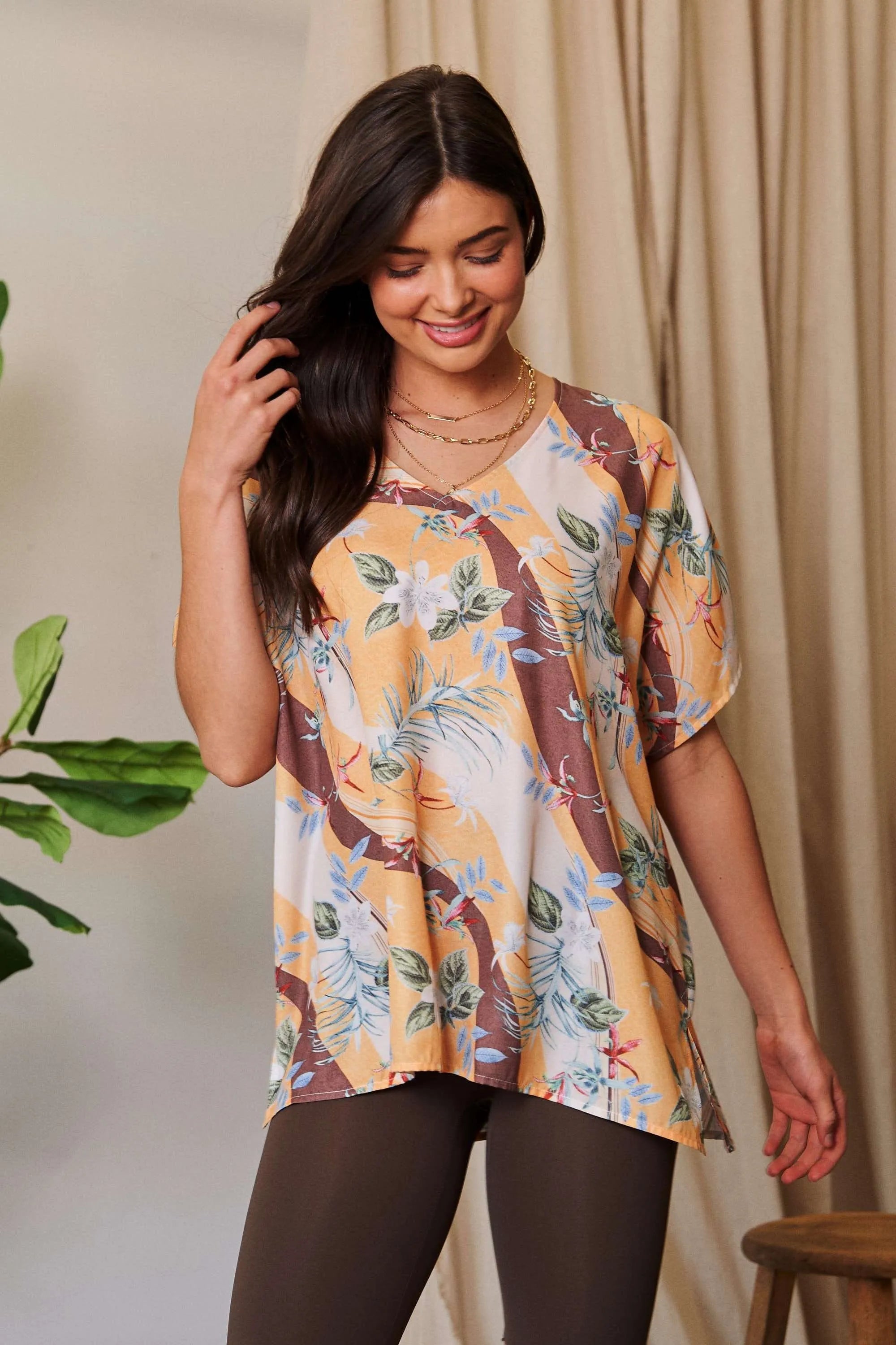 Davi & Dani Floral Printed V Neck Short Sleeve Loose Fit Top OutfitFlow
