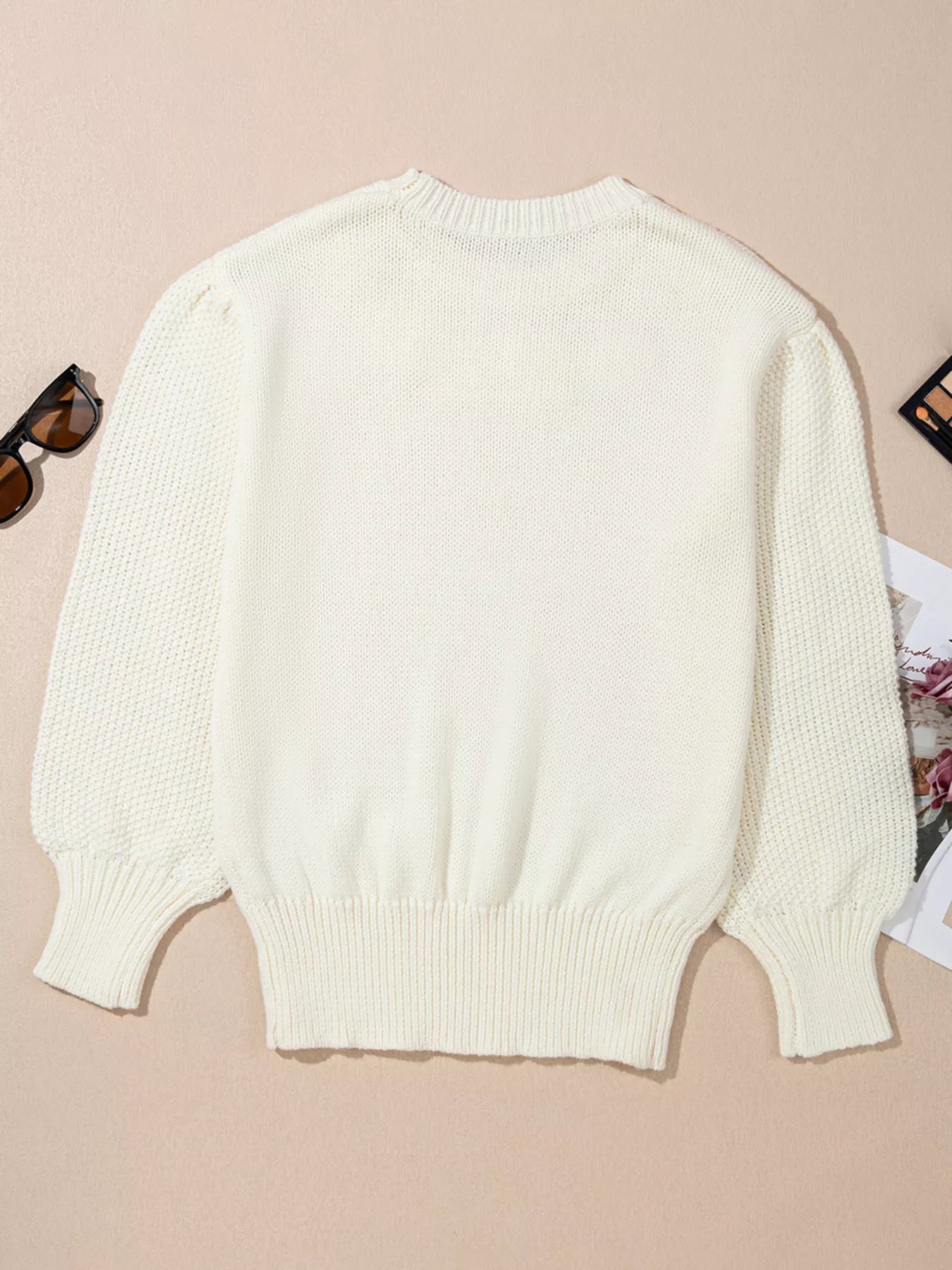 Flower Detail Round Neck Contrast Textured Puff Sleeve Sweater OutfitFlow