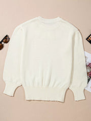 Flower Detail Round Neck Contrast Textured Puff Sleeve Sweater OutfitFlow