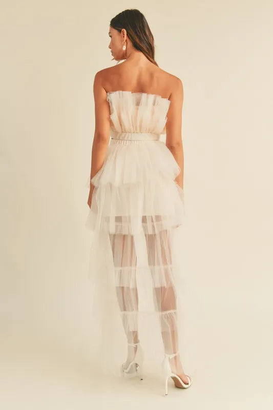 MABLE Tulle Tube Ruffle Crop Top and High Low Maxi Skirt Set OutfitFlow