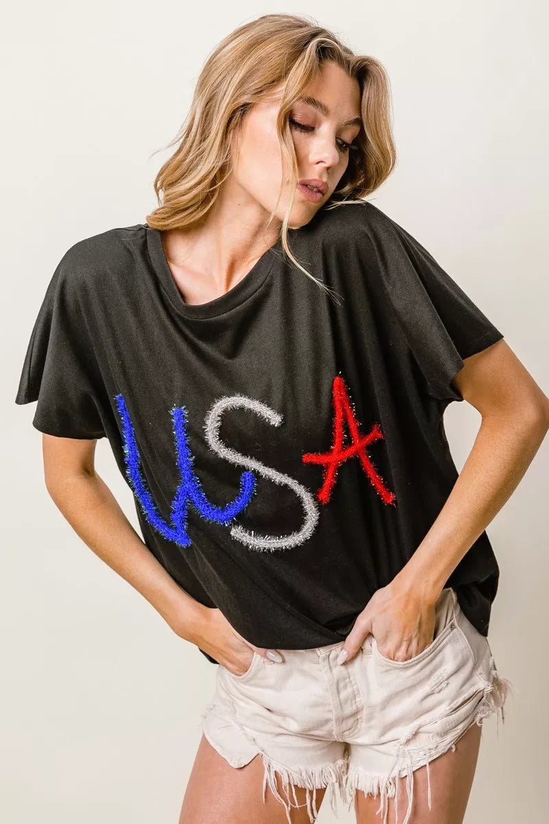 BiBi Metallic Letter Short Dolman Sleeve Top OutfitFlow