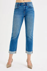 RISEN Full Size High Rise Boyfriend Fit Ankle Jeans Plus SIze DARK OutfitFlow