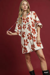 Umgee Two Tone Floral Tie-Neck Babydoll Dress OutfitFlow