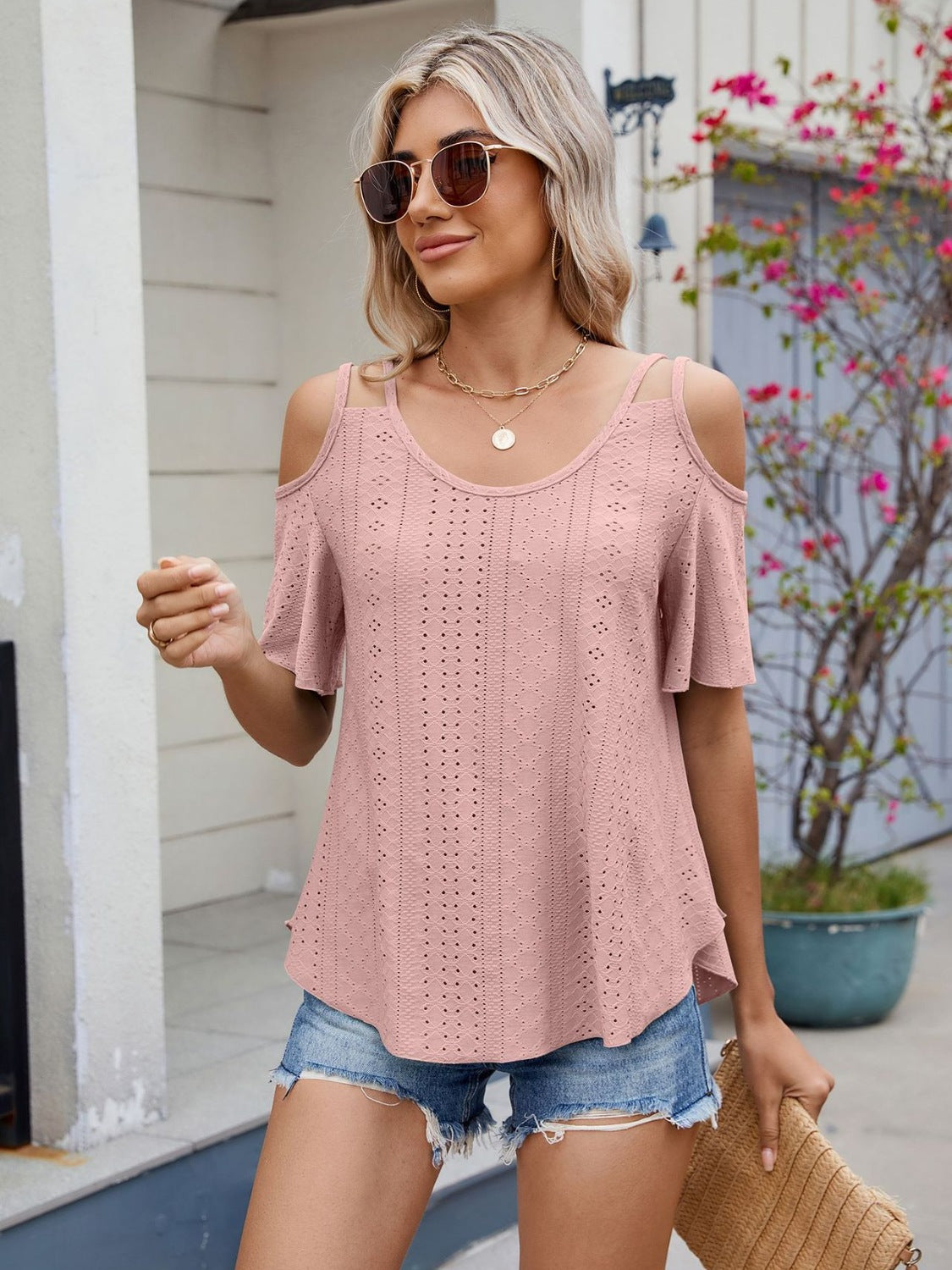 Florira Round Neck Cold Shoulder Eyelet T-Shirt OutfitFlow