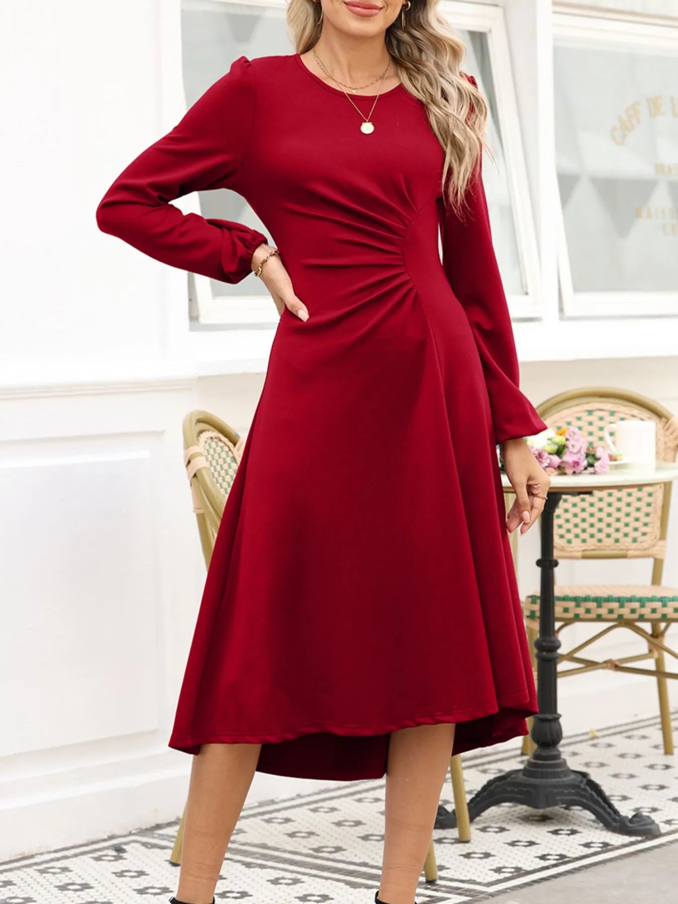 Solid Color Ruched Detail Long Sleeve Midi Dress OutfitFlow