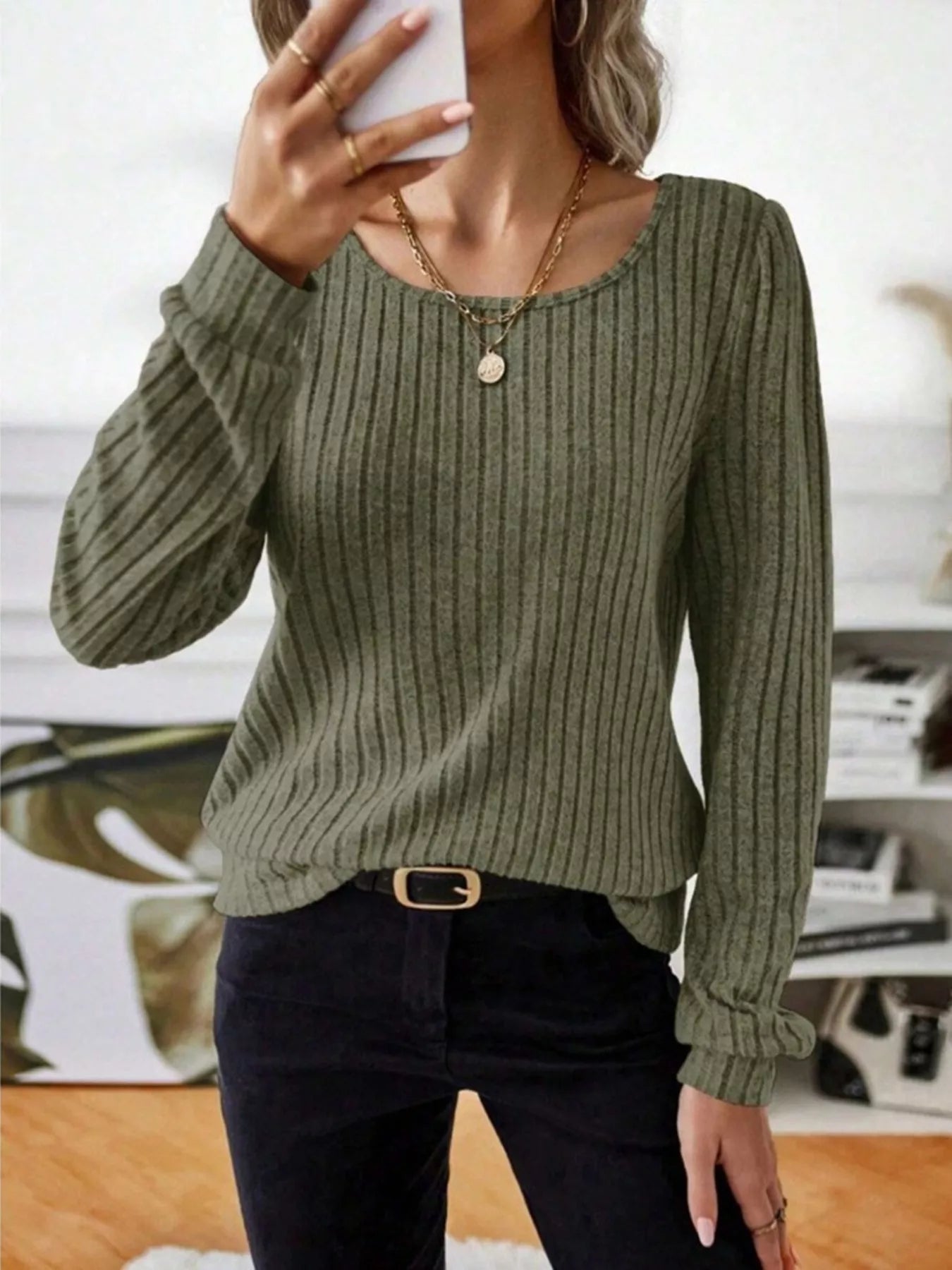 Ribbed Knit Long Sleeve T-Shirt OutfitFlow