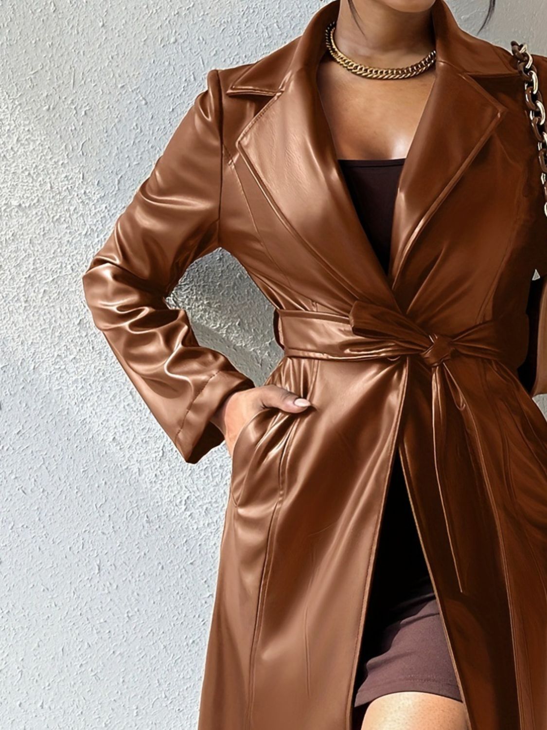 Outfit Flow - Tied PU Leather Long Sleeve Trench Coat