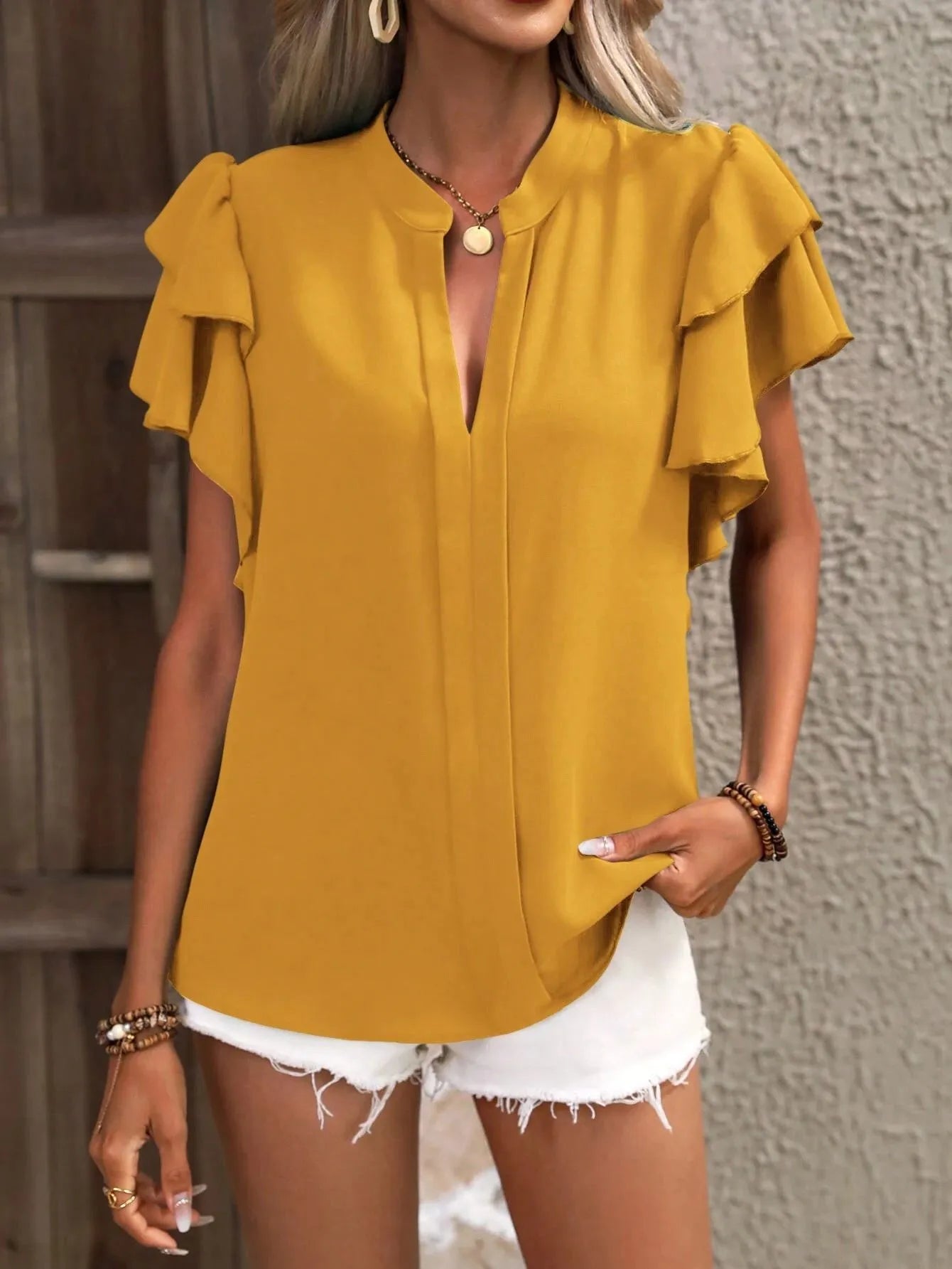 Ruffle Sleeve Notched Blouse OutfitFlow