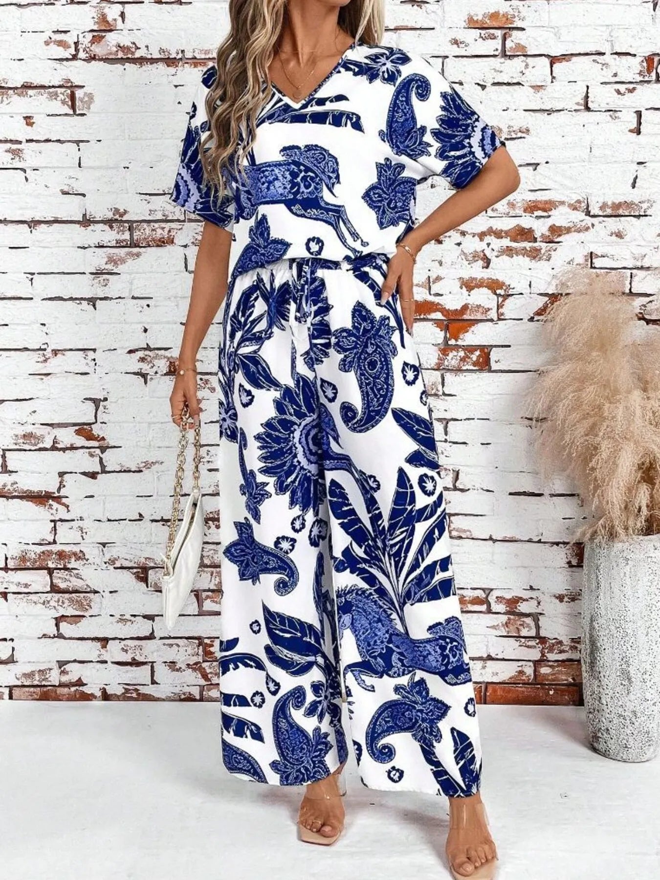 Printed V-Neck Top and Wide Leg Pants Set OutfitFlow