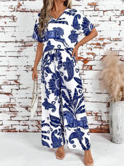 Printed V-Neck Top and Wide Leg Pants Set OutfitFlow