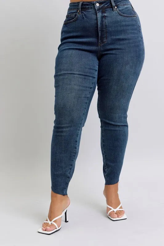 Judy Blue Full Size High Waist Tummy Control Step Hem Skinny Jeans Plus Size OutfitFlow