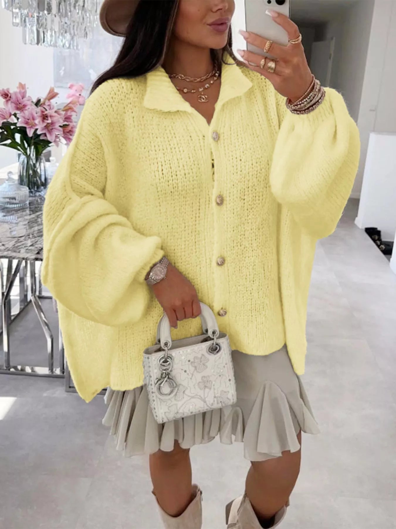 Oversized Knit Button-Down Batwing Sleeve Cardigan OutfitFlow