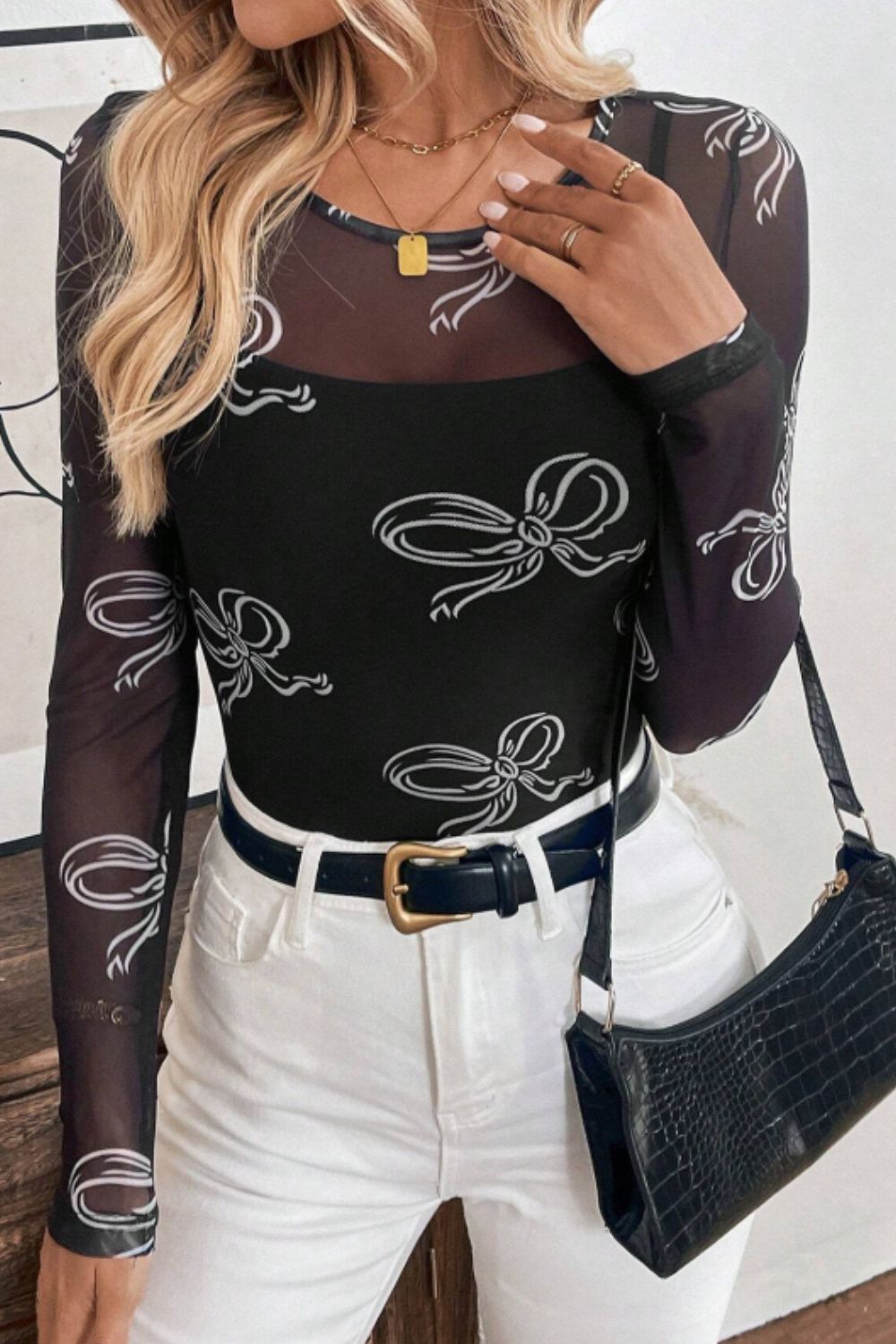 Outfit Flow - Bow Round Neck Long Sleeve Top