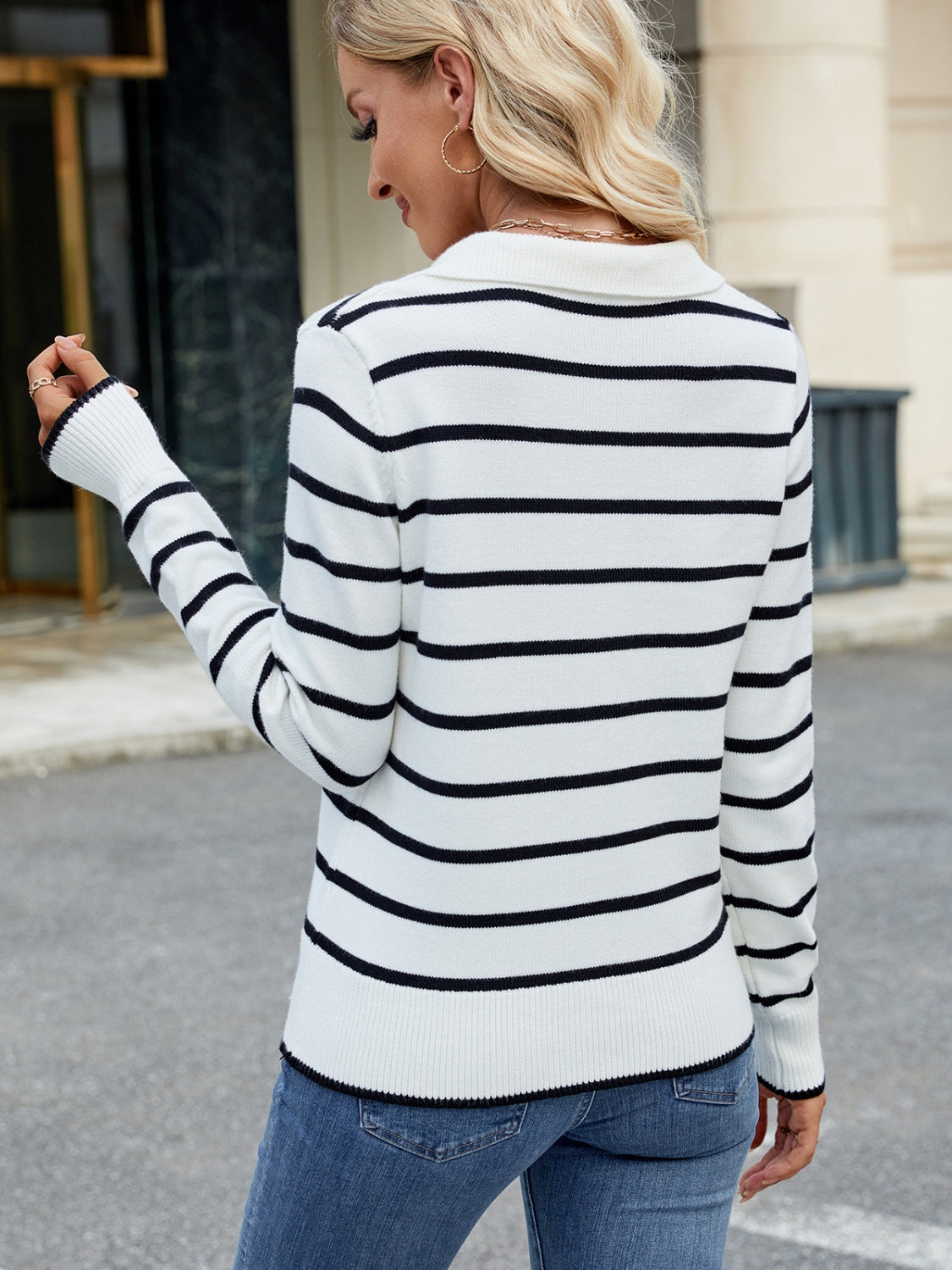 Outfit Flow - Striped Johnny Collar Long Sleeve Sweater