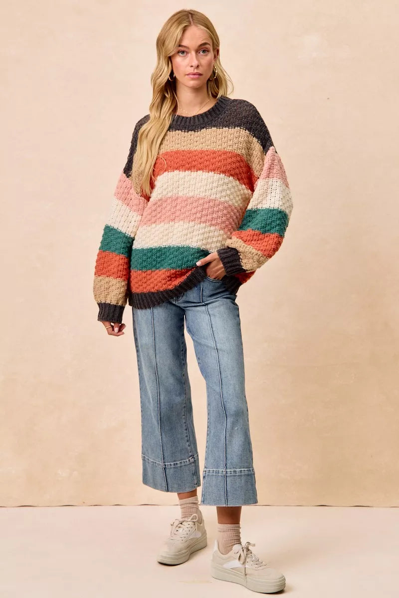 BiBi Stripes Color Block Chunky Sweater OutfitFlow