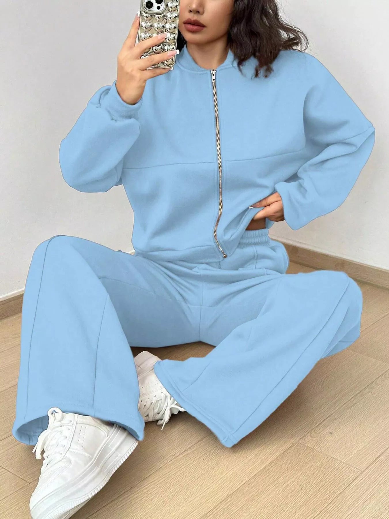 Casual Solid Color Zipper Jacket and Wide Leg Pants Set Sky Blue OutfitFlow