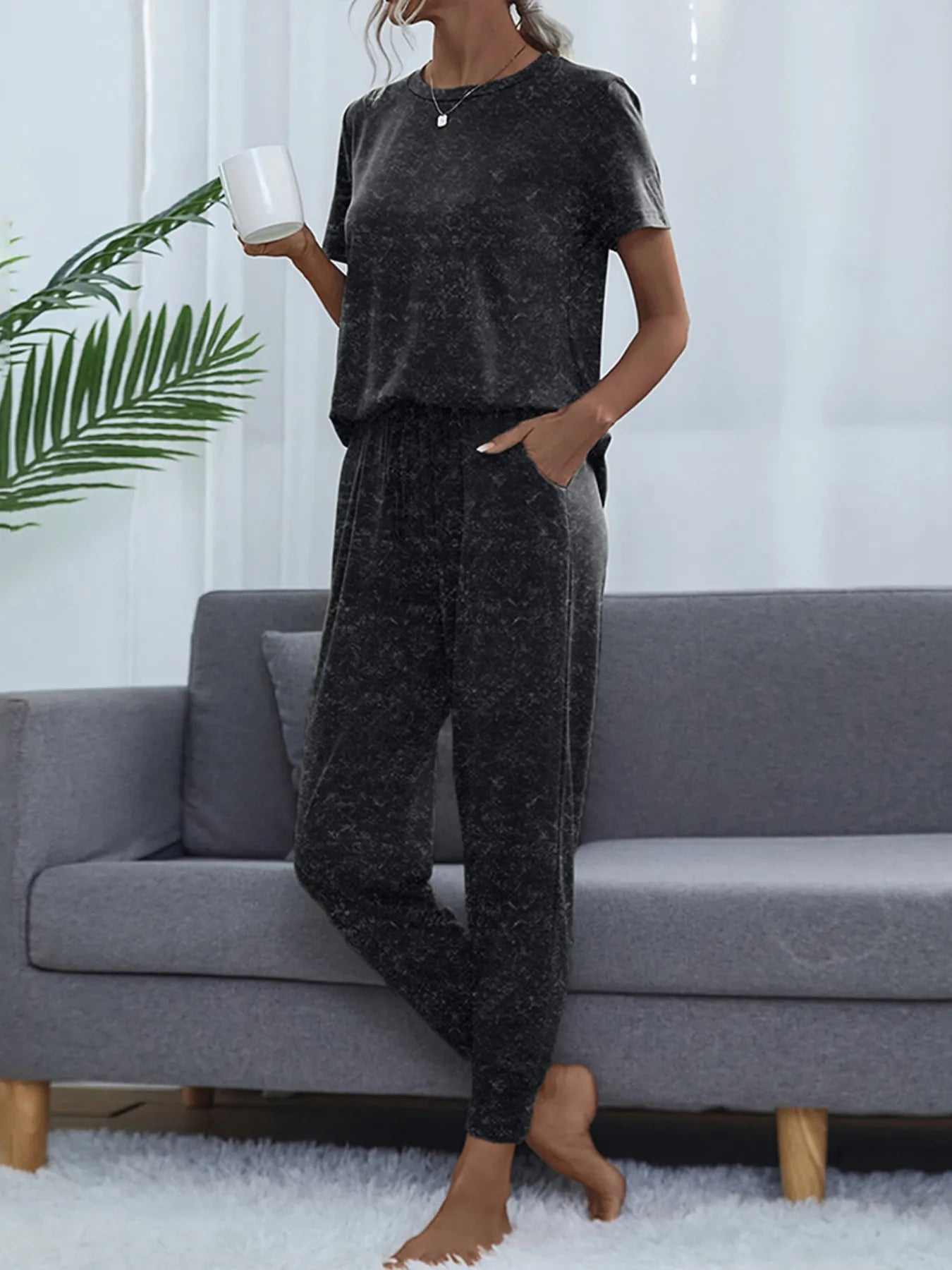 Round Neck Short Sleeve Top and Pants Lounge Set OutfitFlow