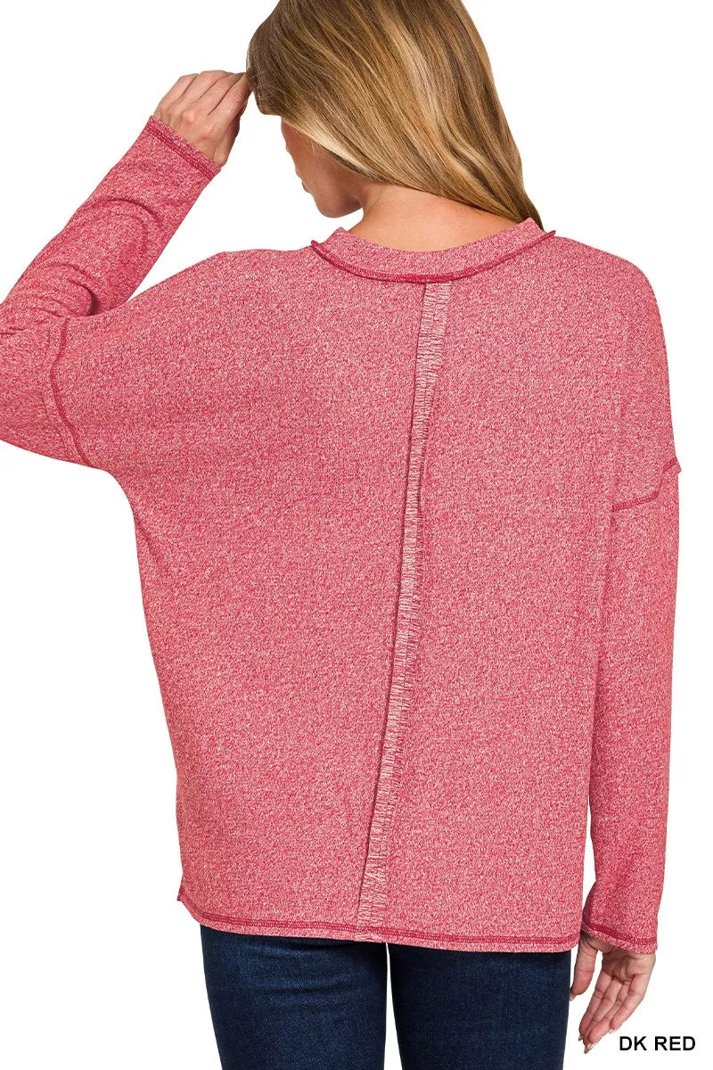Zenana Soft Melange Hacci Round-Neck Long Sleeve T-Shirt OutfitFlow