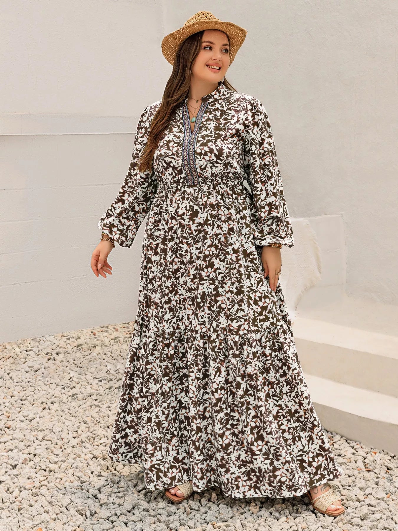 Plus Size Floral Print Long Sleeve Maxi Dress Coffee Brown OutfitFlow